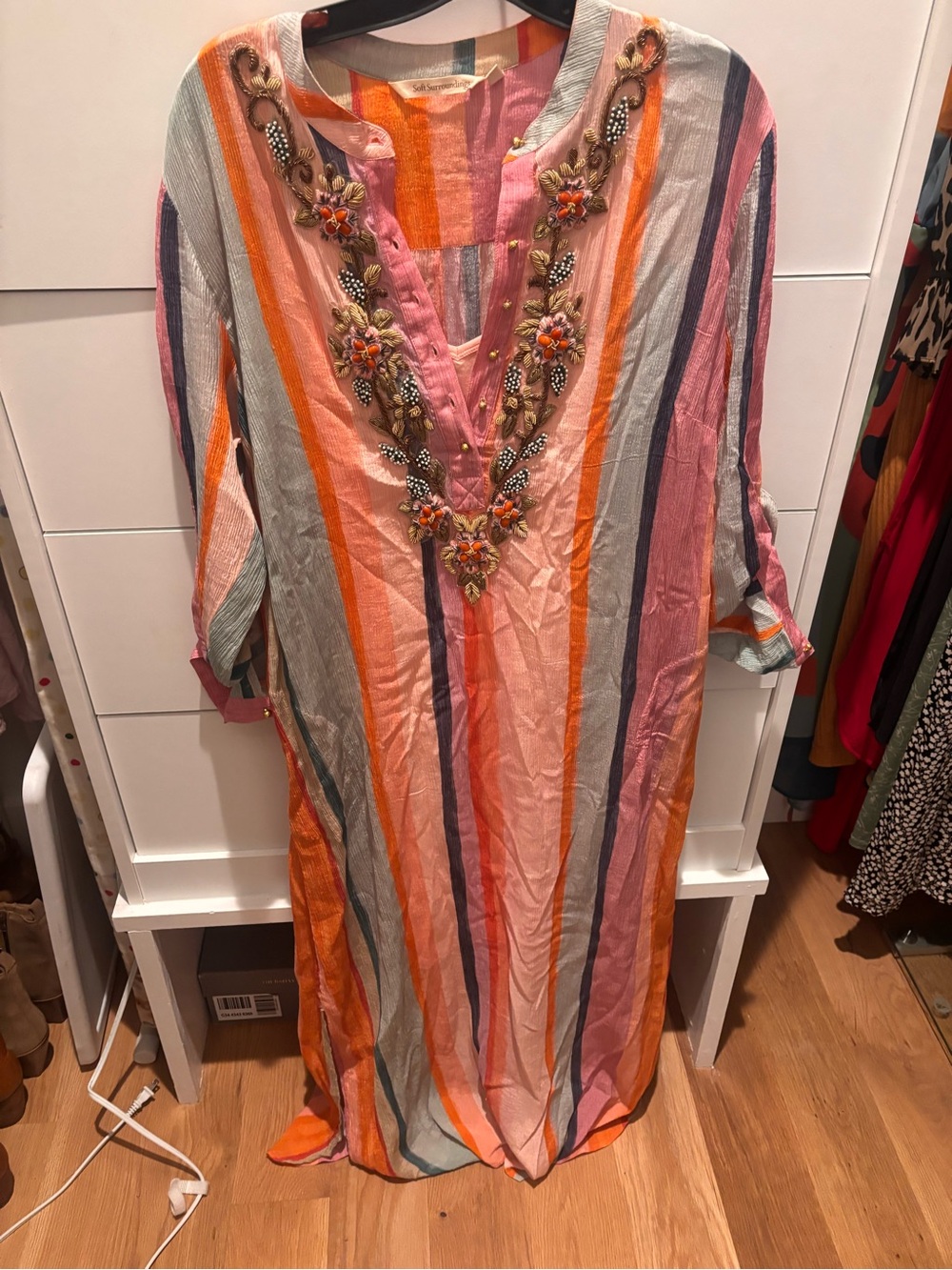 Soft Surroundings Striped Beaded V-Neck Maxi Dress in Pink & Orange